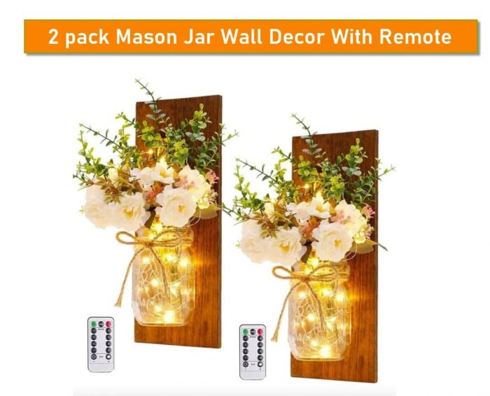 Paquete de 2 tarros de albañil con decoración de pared con control remoto, con luces de hadas para la sala de estar