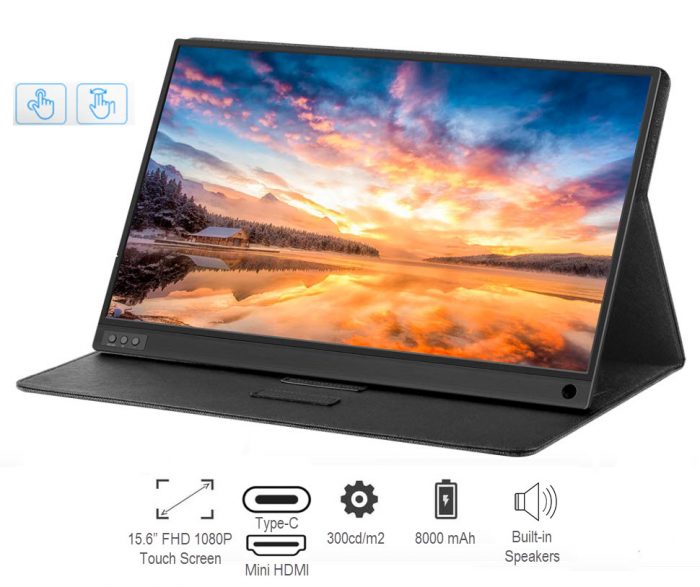 Monitor portátil DWO EUROPE 15.6 ”USB C FHD 1080P Pantalla táctil con HDMI IPS Pantalla HDR Pantalla de computadora Batería incorporada y parlantes para computadora portátil PC Teléfono PS3/4 Xbox